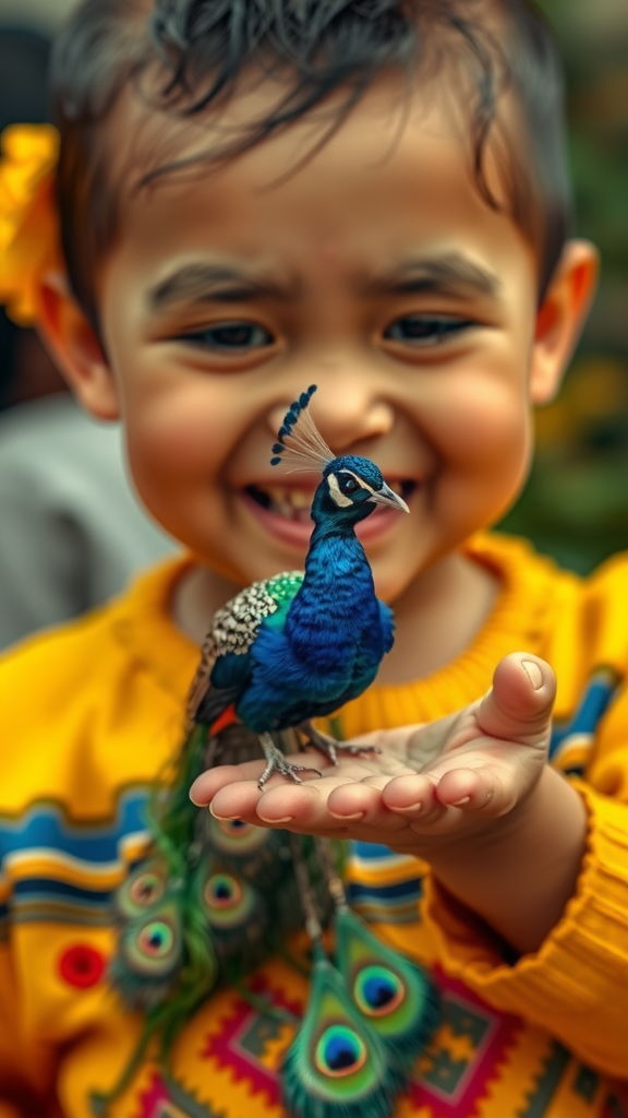 A Smiling Asian Child Holds Tiny Peacock