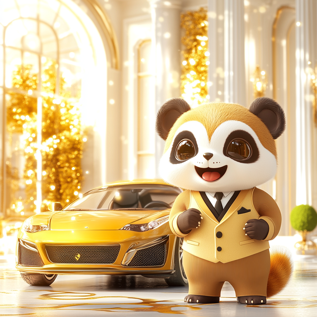 A Smiling Brown Panda By a Fancy Mansion