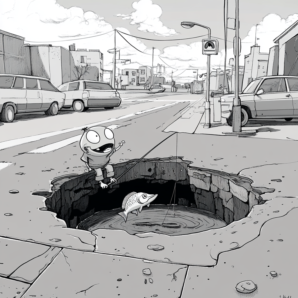 A Smiling Character Fishing in Pothole on Road