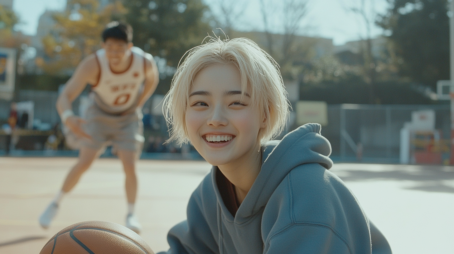 A Smiling Chinese Girl Playing Basketball Outdoors