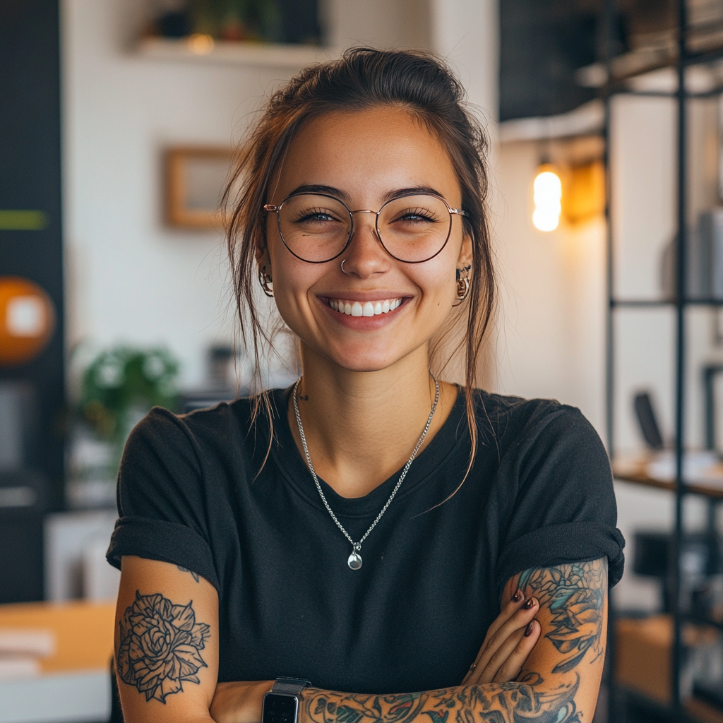 A Smiling Copywriter in a Co-Working Space