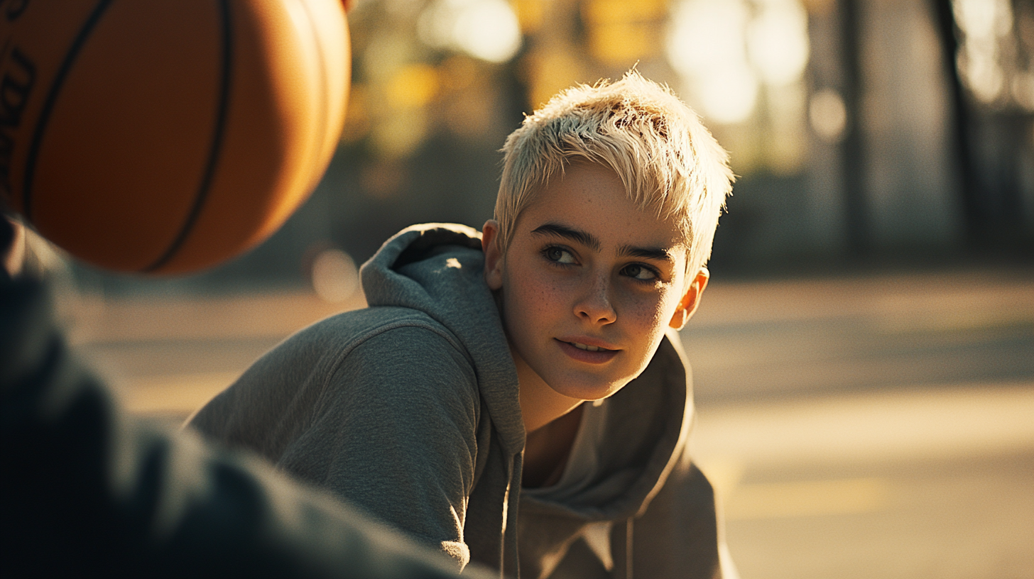 A Smiling Girl Basketball Player in Morning Sunlight