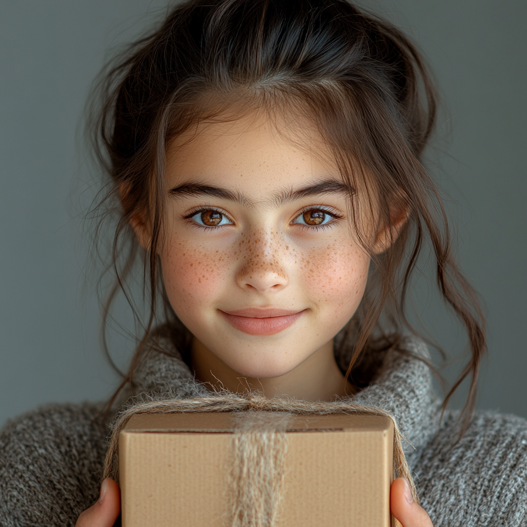 A Smiling Girl Holding Box in Studio Portrait