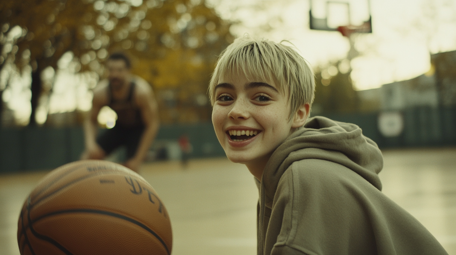 A Smiling Girl Playing Basketball Outdoors