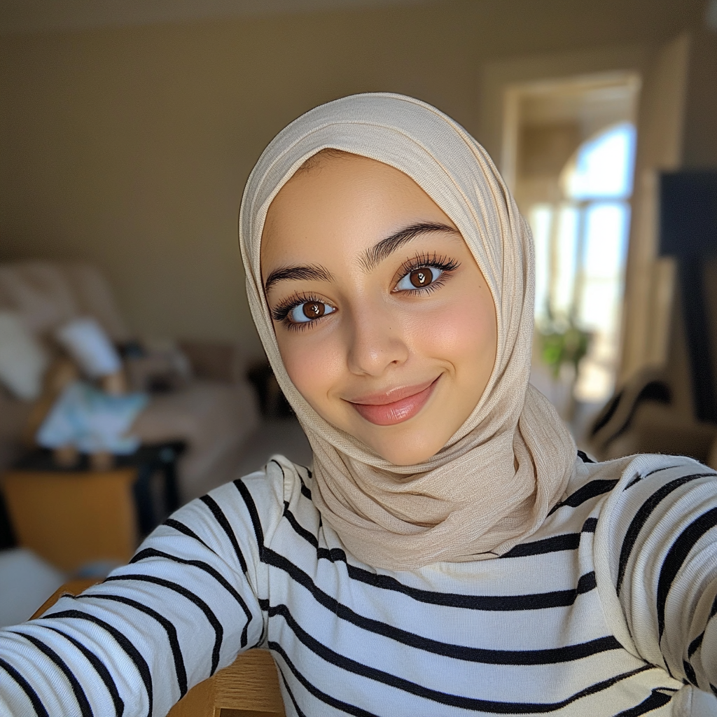 A Smiling Hijabi Girl Taking Selfie at Table