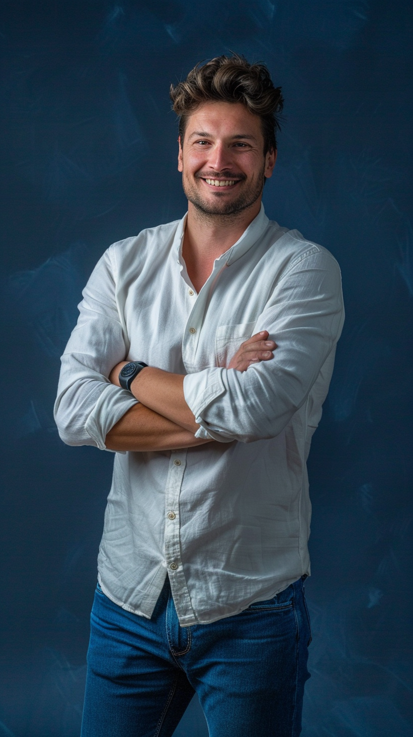 A Smiling Man Folding Arms, Navy Background