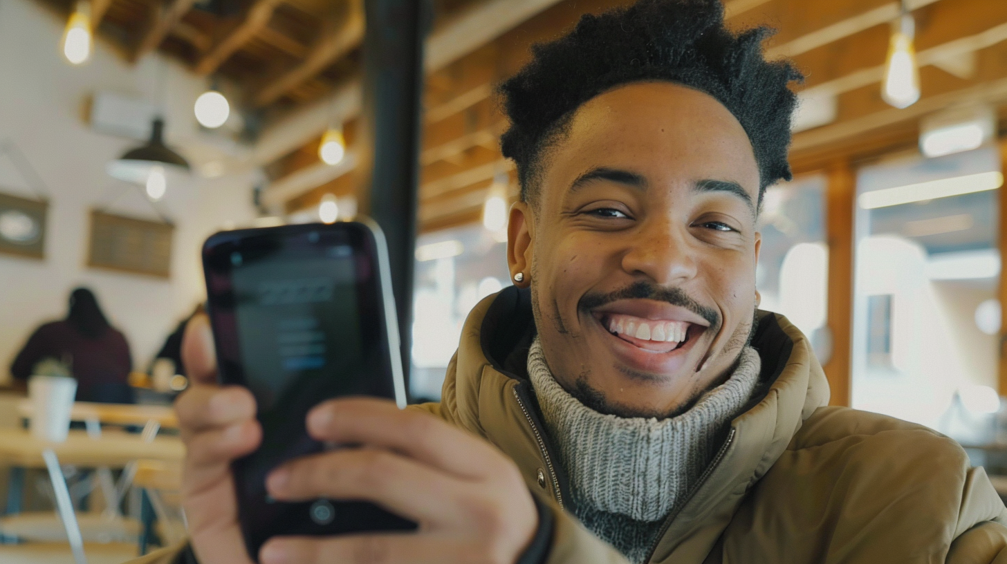 A Smiling Man Showing Excitement with Smartphone