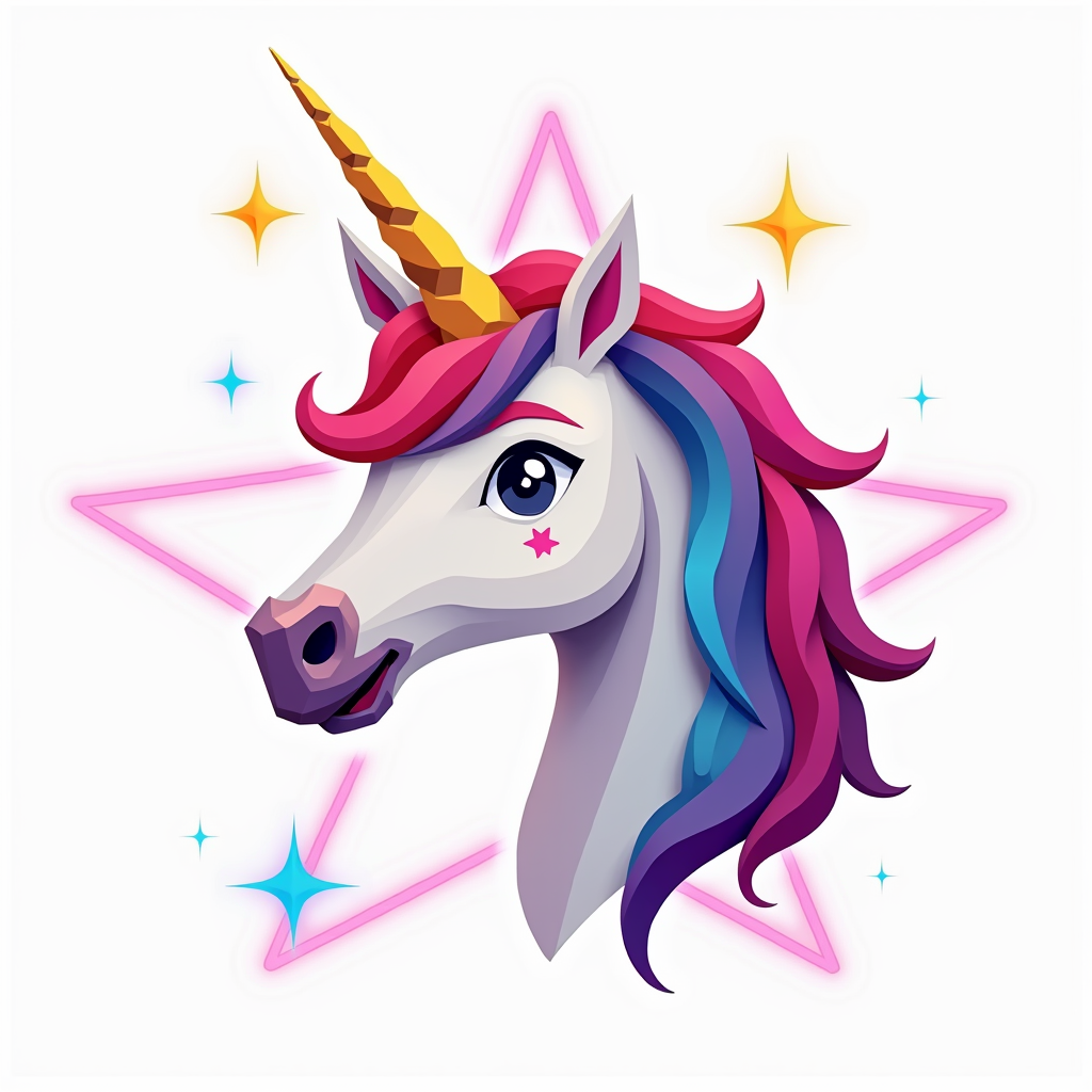 A Smiling Polygonal Unicorn with Neon Rainbow Mane