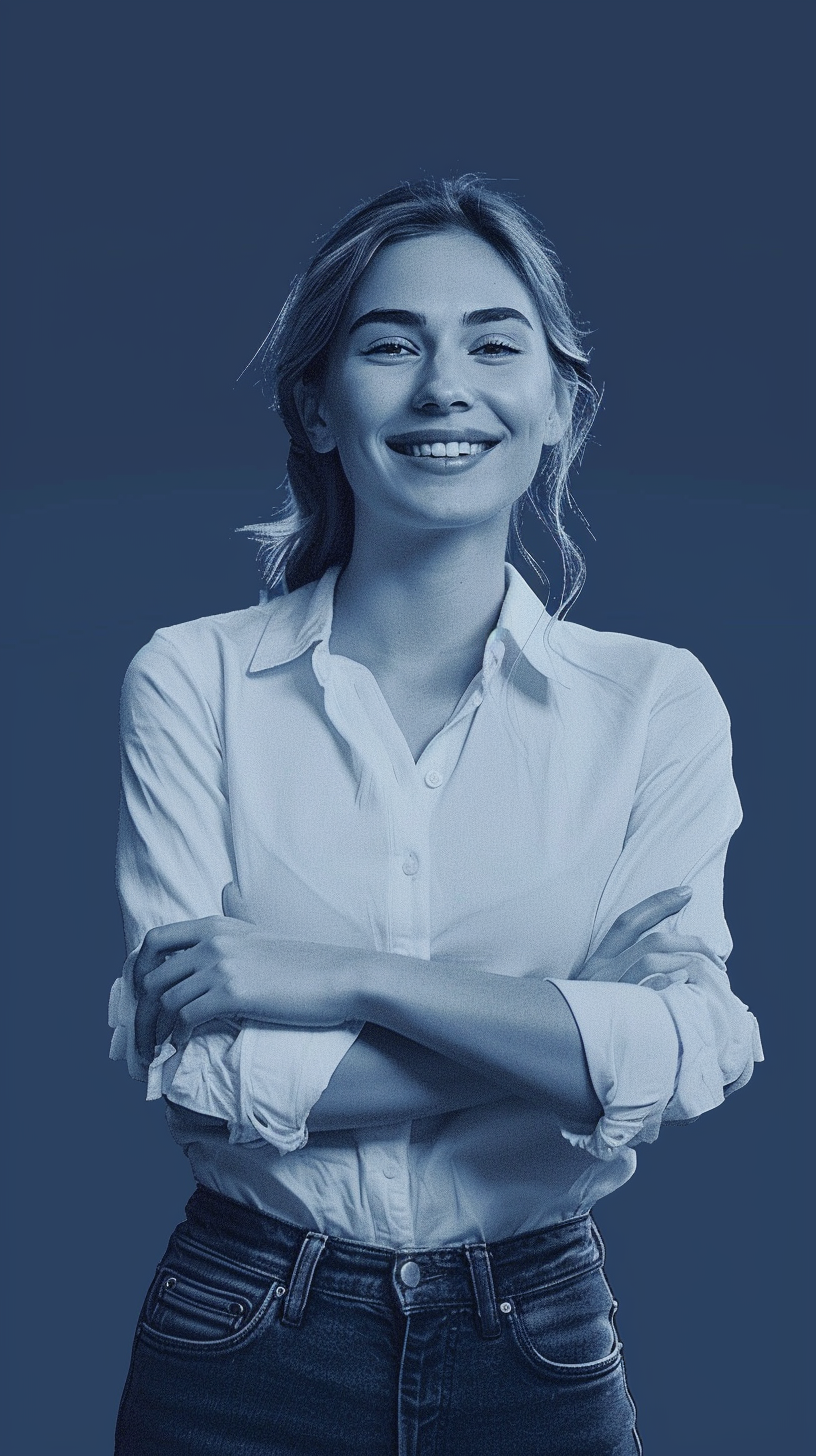 A Smiling Woman in White Shirt and Jeans