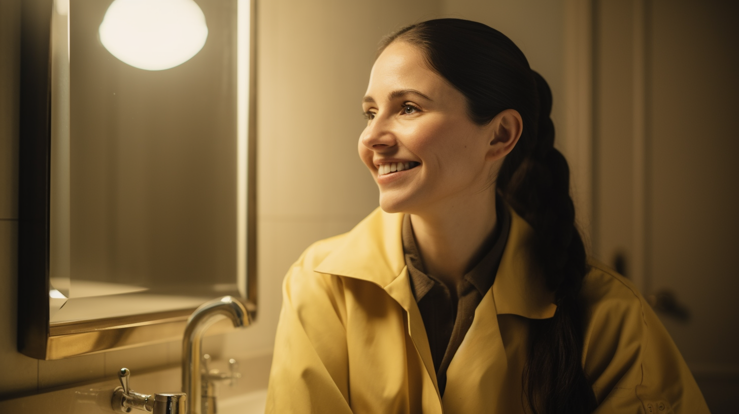 A Smiling Woman in Yellow Lab Coat in Upscale Bathroom