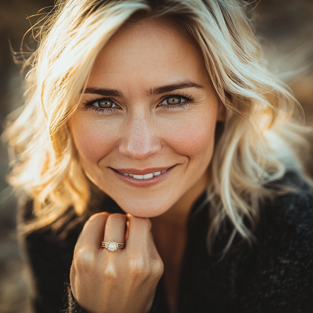 A Smiling Woman wearing a gold ring