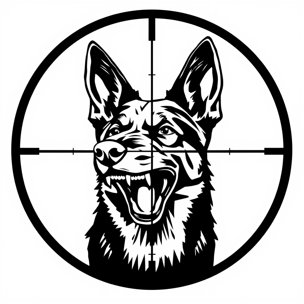 A Snarling Belgian Malinois in Scope Crosshair Logo