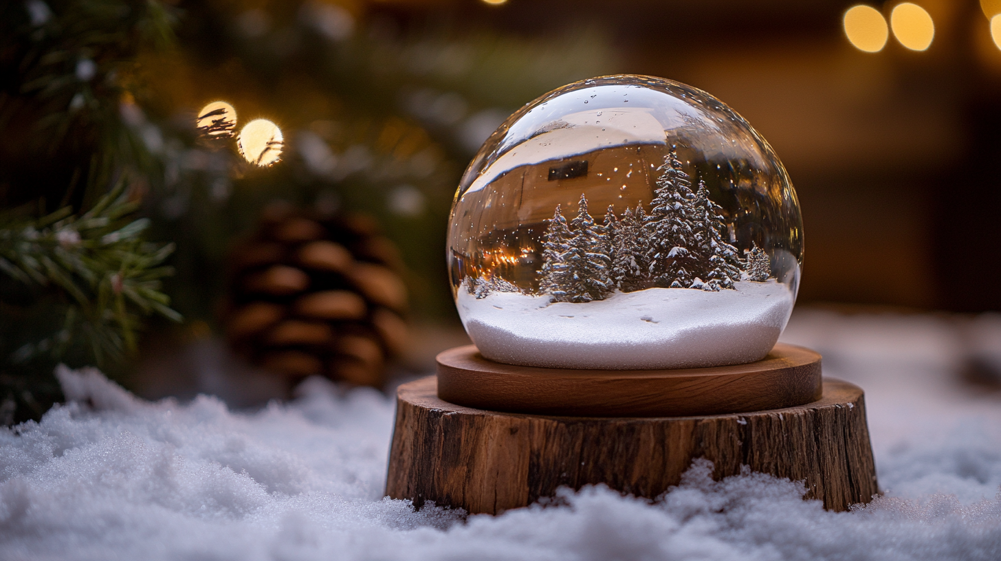 A Snow Globe in a Pine Forest at Night