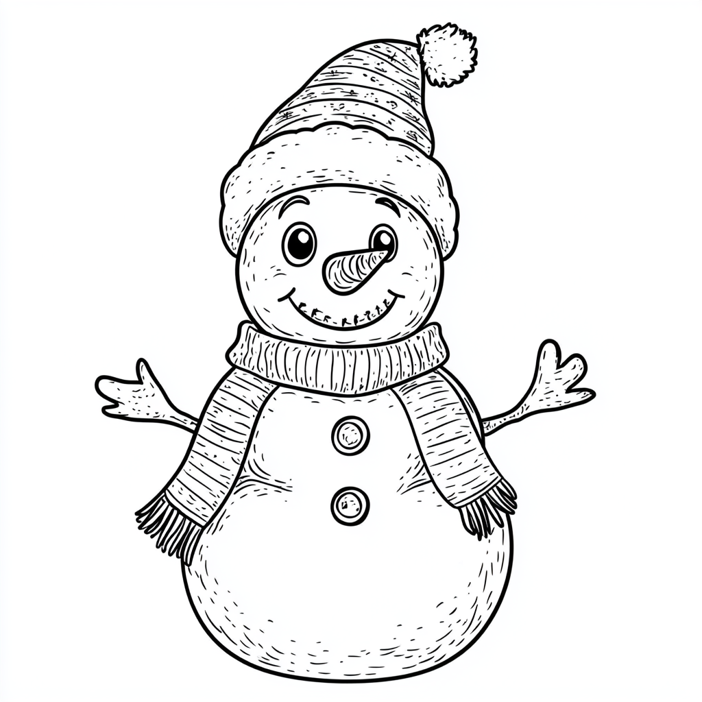 A Snowman in Christmas Hat and Scarf to Color.