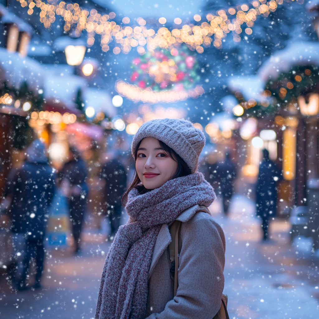 A Snowy European Town Festival with Christmas Decorations