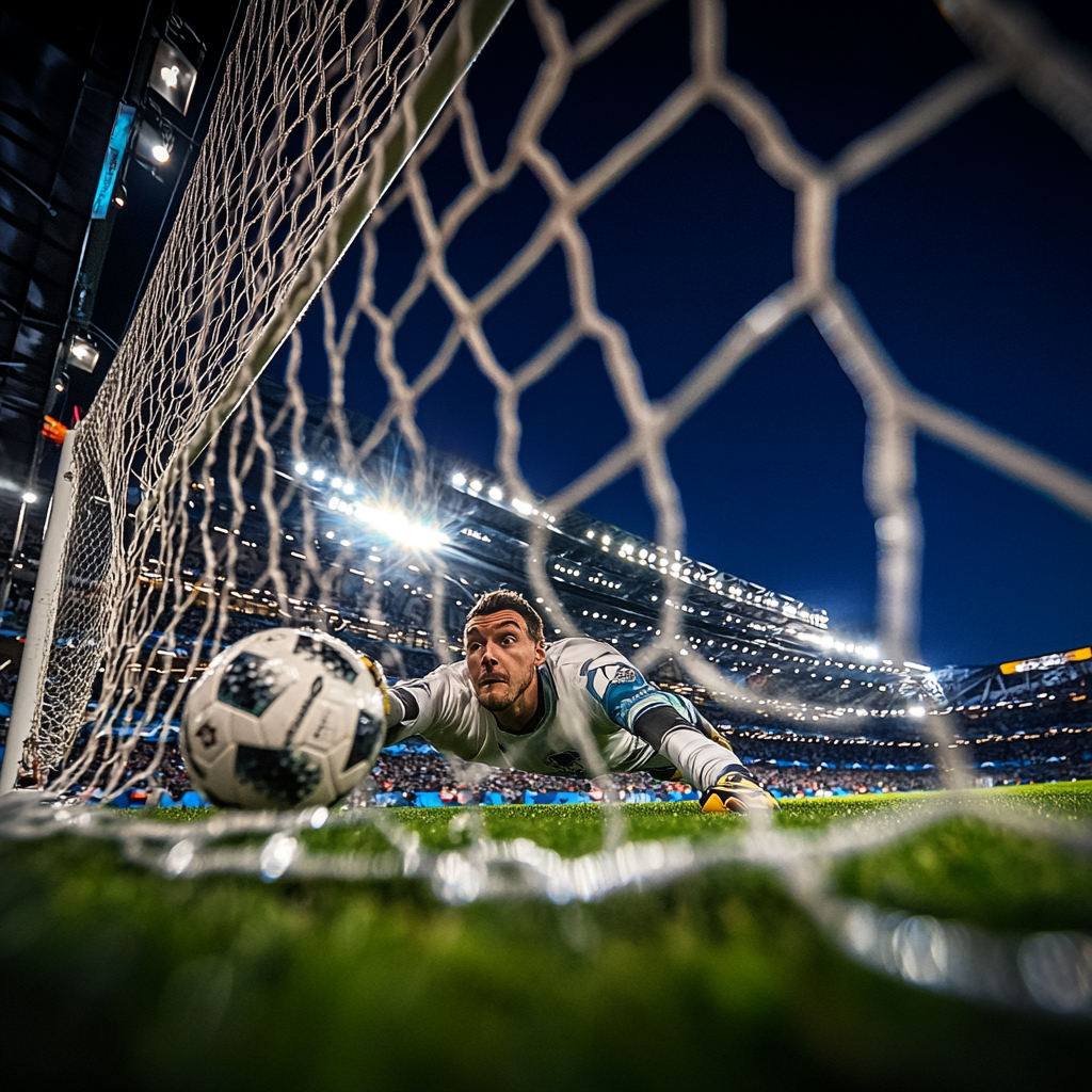 A Soccer Goalkeeper Diving to Defend the Goal