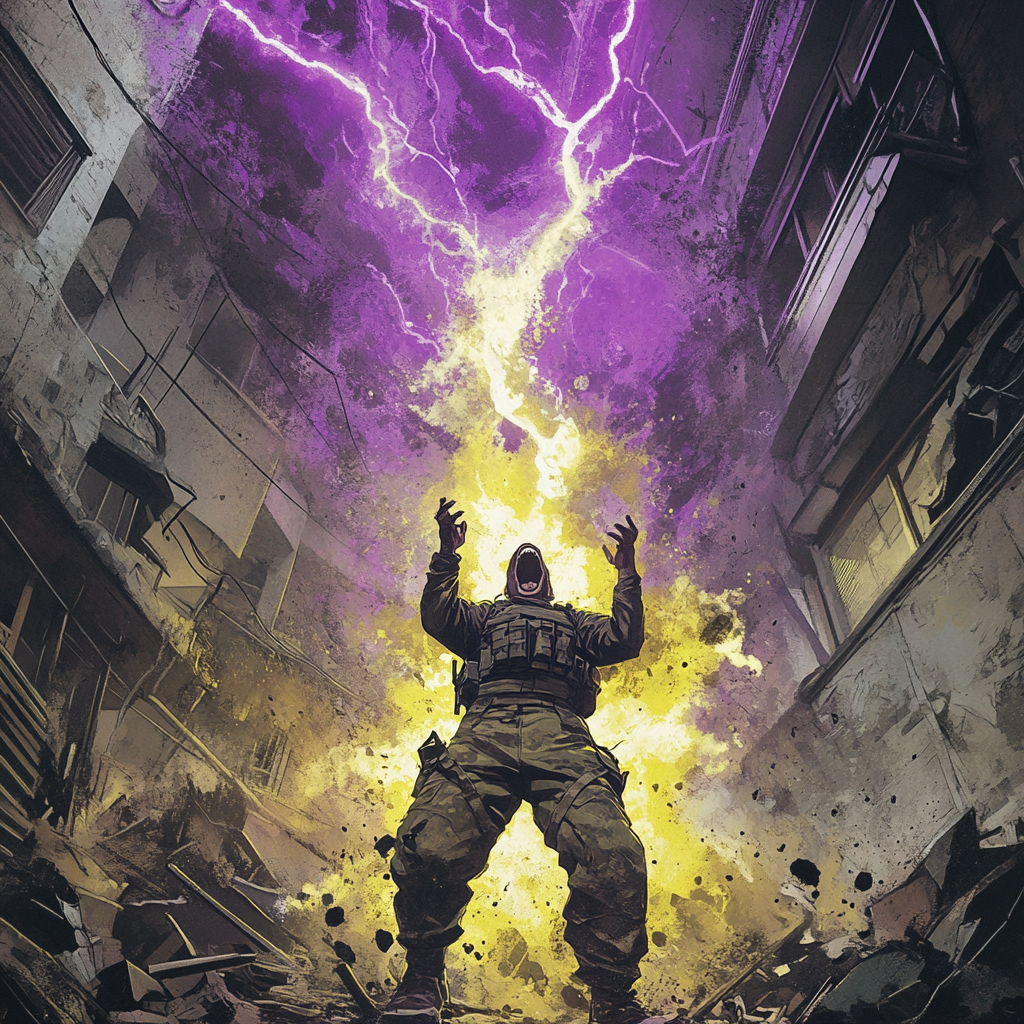 A Soldier Shouting in Ruins with Dragonball Z Aura