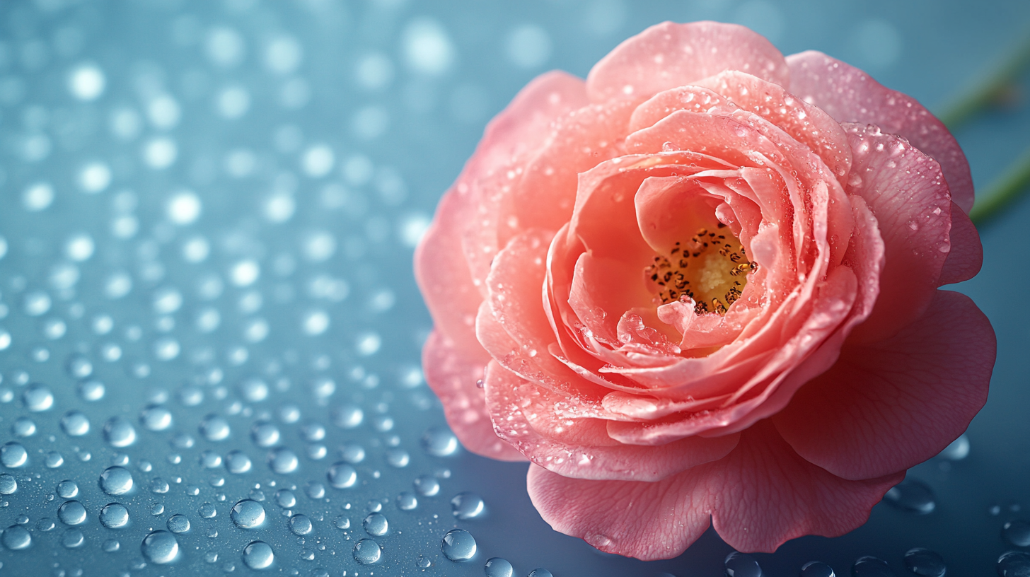 Rose on Blue Surface with Droplets