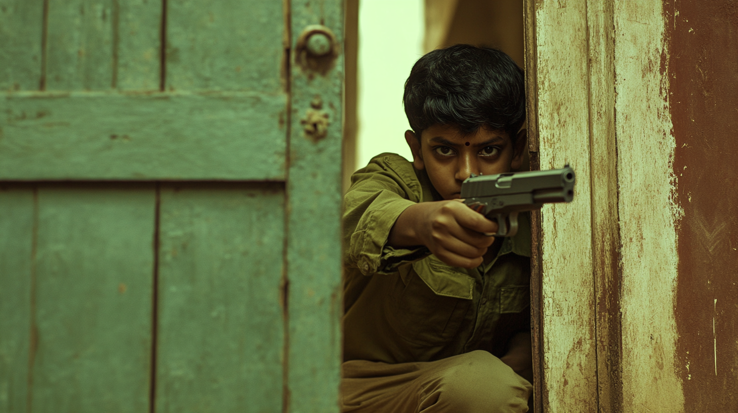 A South Indian boy aims gun intently, hiding.