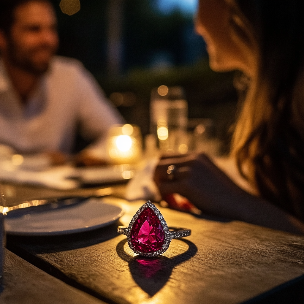 A Sparkling Ruby Engagement Ring at Romantic Dinner