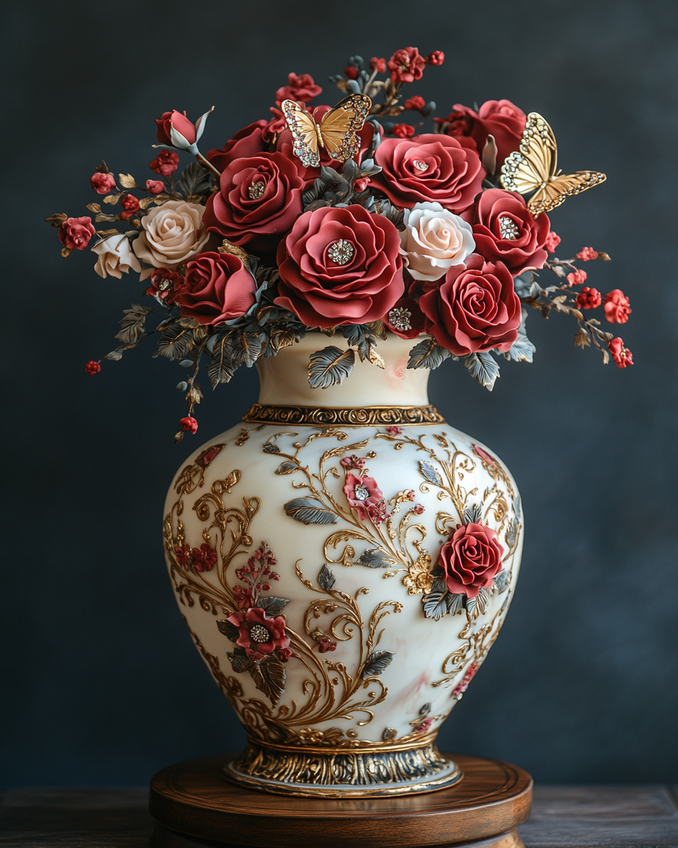 A Sparkly Rose Vase Fondant Cake on Stand