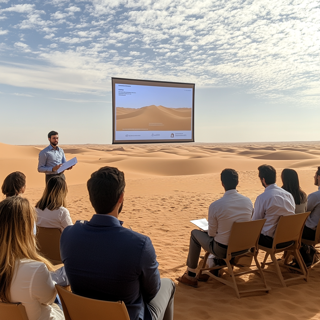 A Speaker Presenting in Sahara Desert with Audience