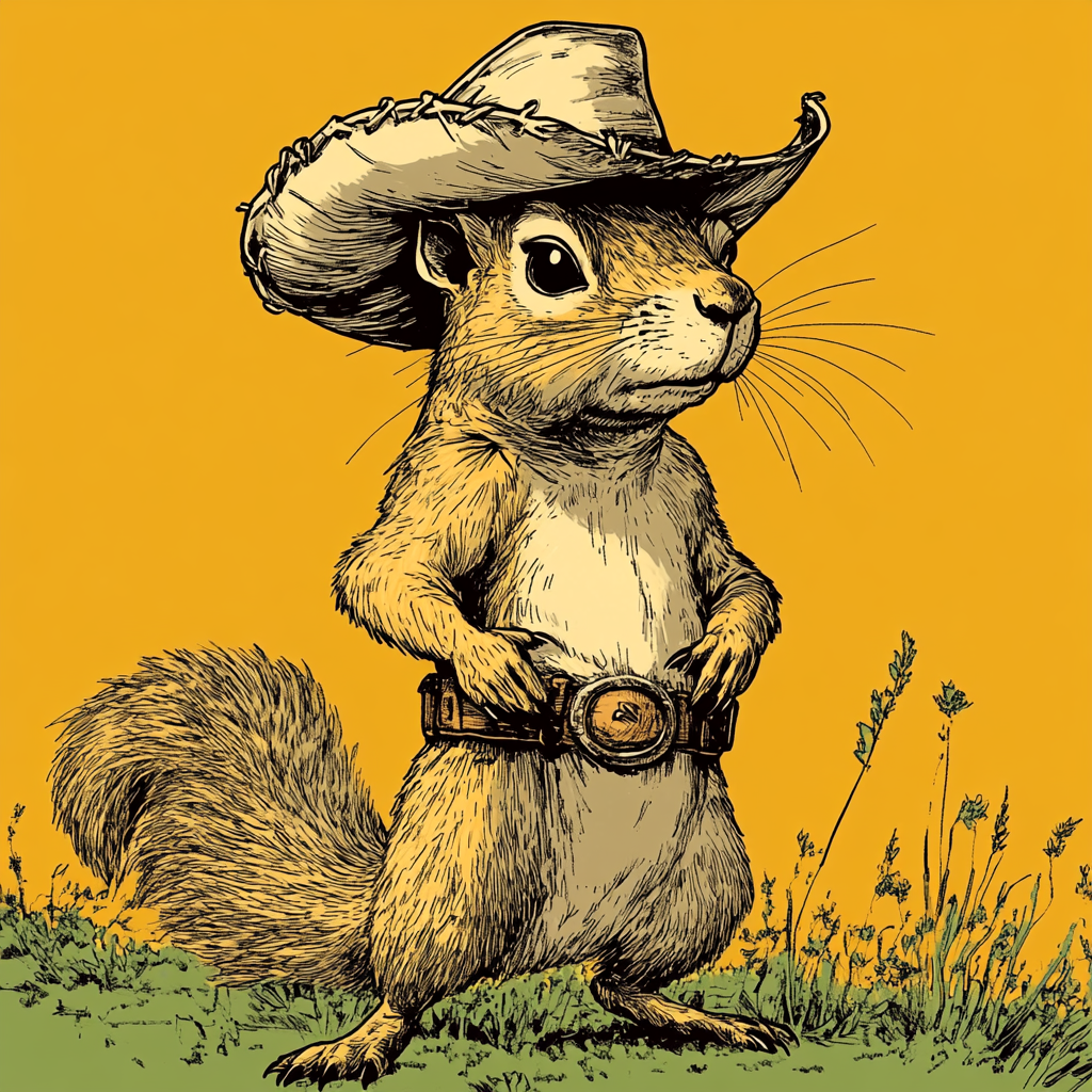 A Spiteful Squirrel in Cowboy Hat Ready to Fight