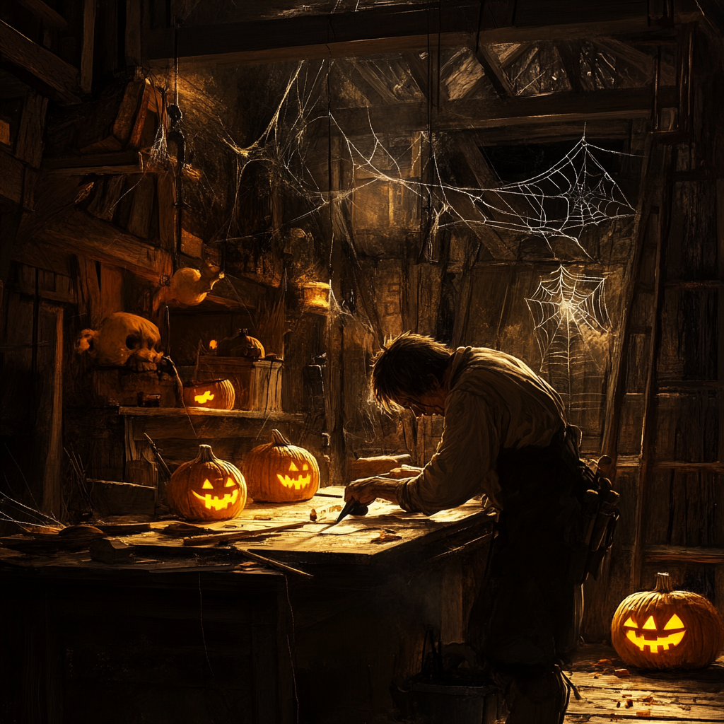 A Spooky Carpenter Making Halloween Decorations