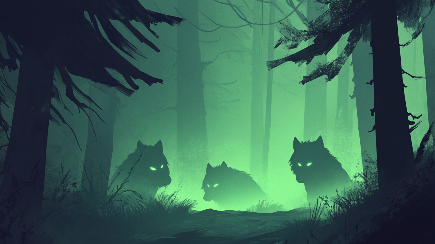 A Spooky Forest Path with Wolves and Shadows