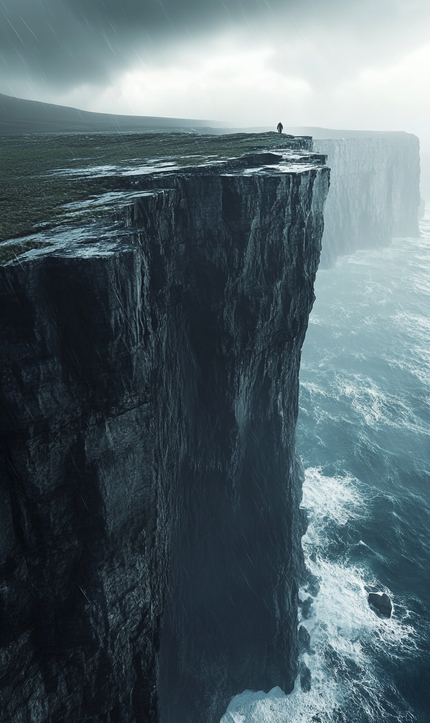 A Spooky Stormy Island Cliff Overlooking Choppy Sea.