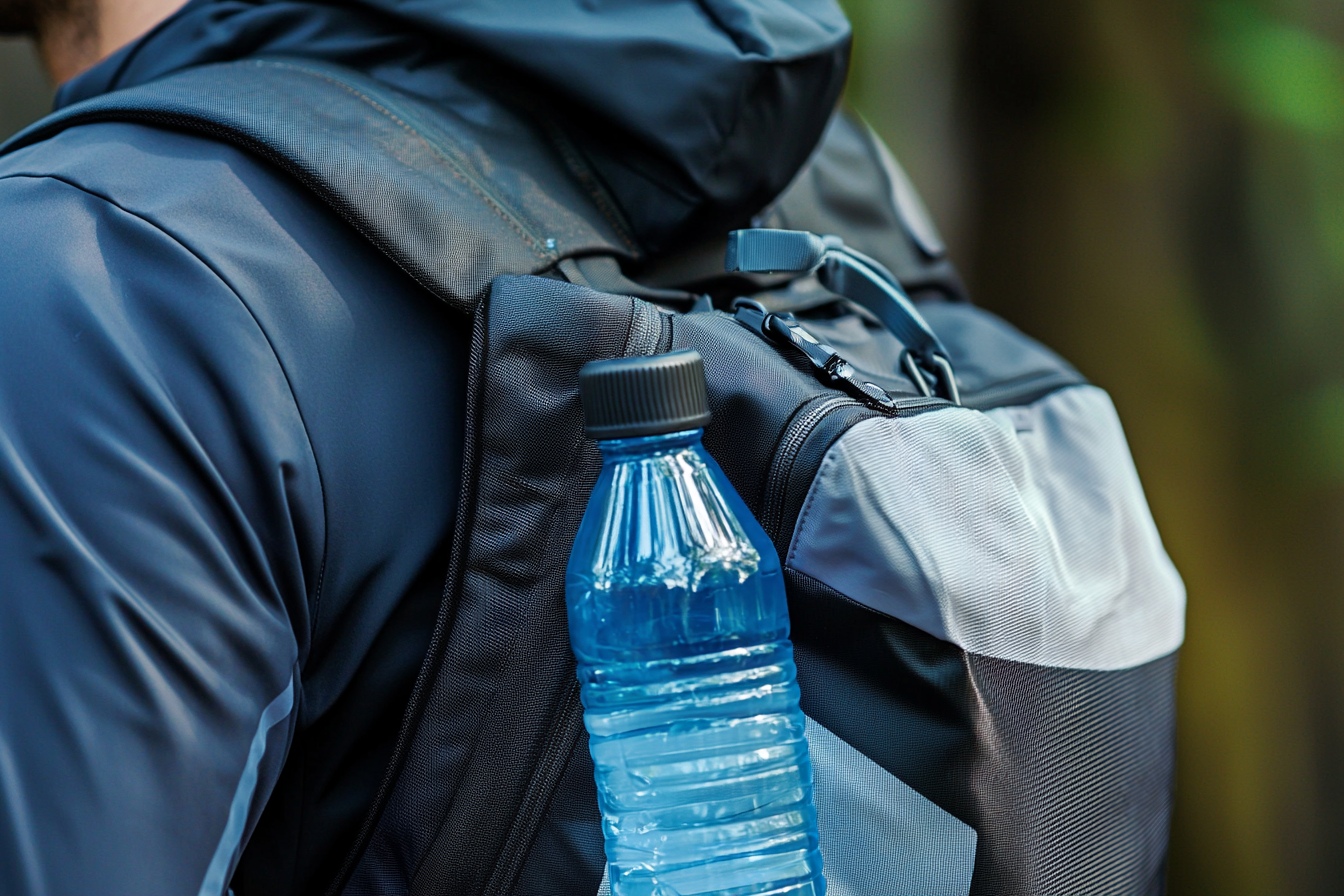 A Sports Bag with Water Bottle on Shoulder