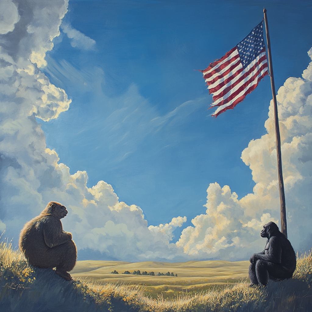 A Squirrel and Gorilla on Clouds Viewing Flag