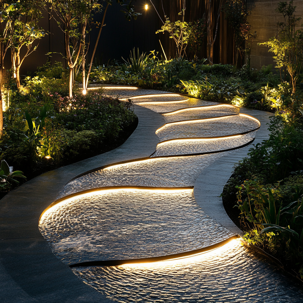 A Stage with Wavy Garden Path and Lights