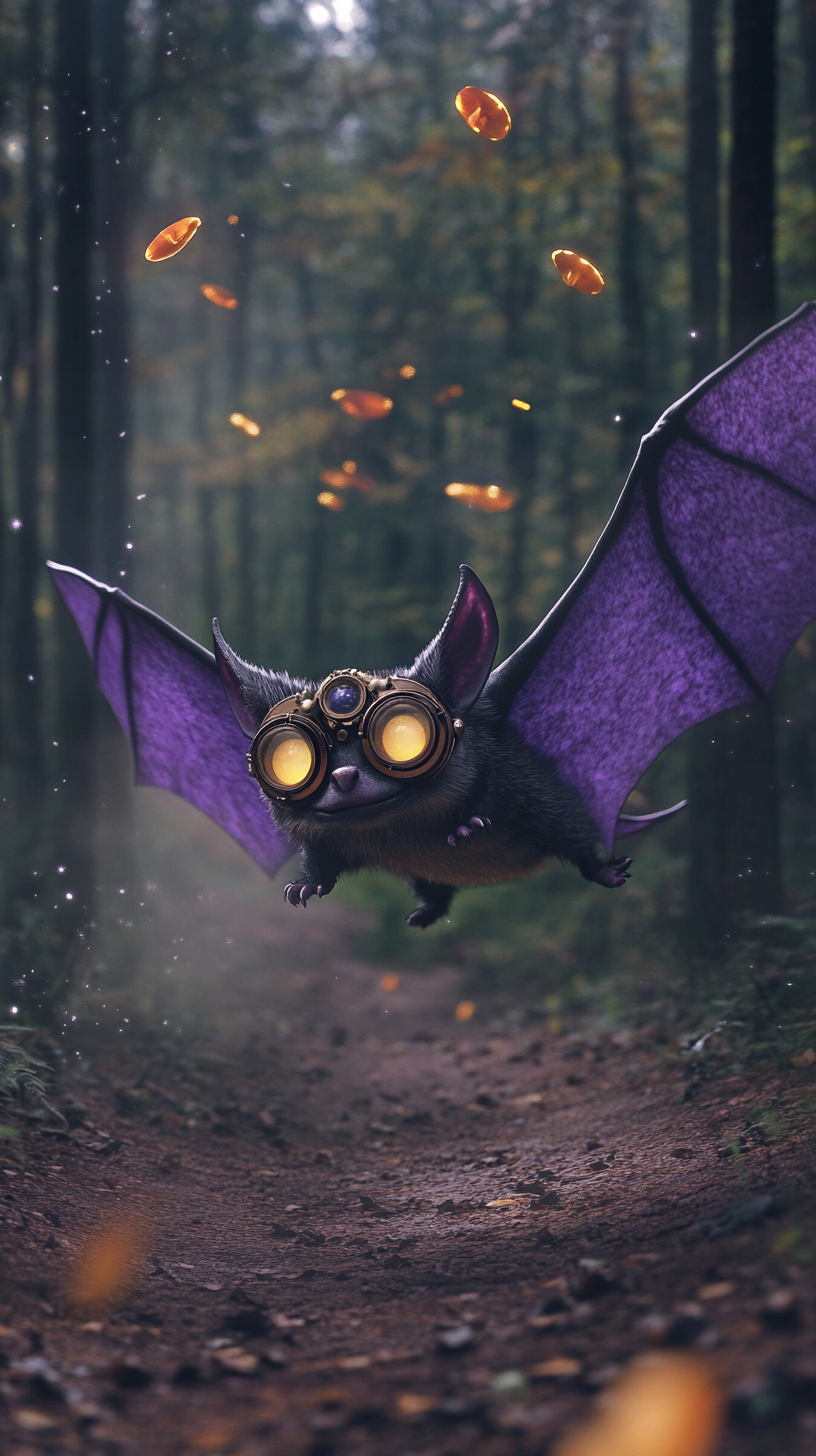 A Steampunk Bat's Magical Flight in Enchanted Forest