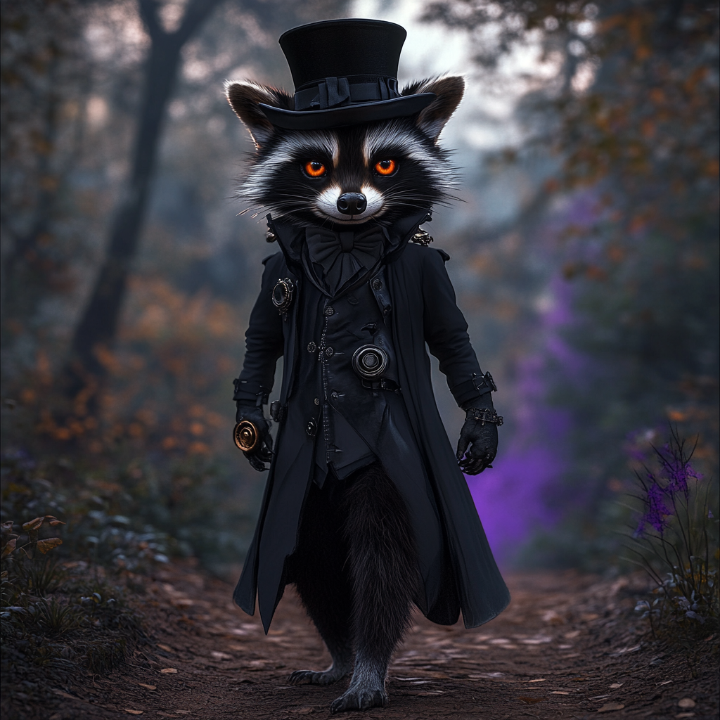 A Steampunk Raccoon's Halloween Journey in Enchanted Forest