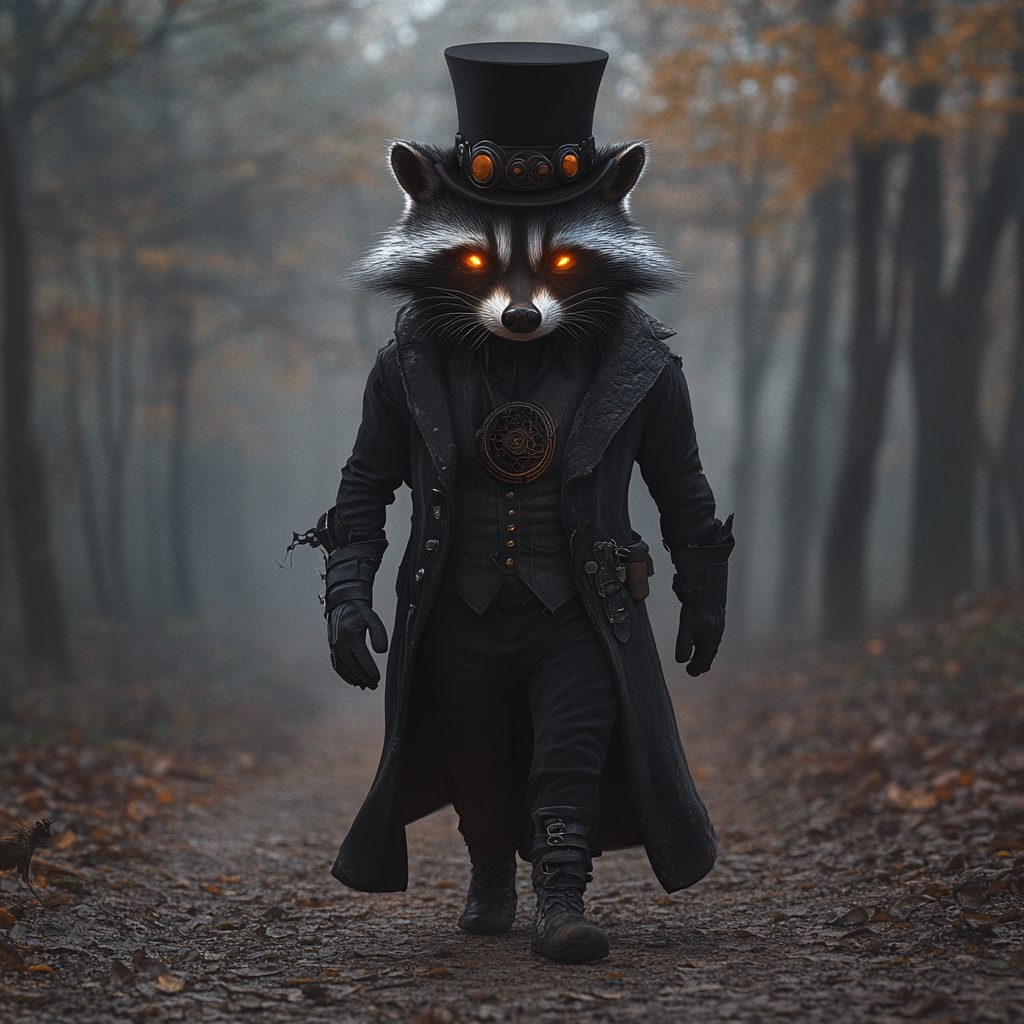 A Steampunk Raccoon in Enchanted Foggy Forest