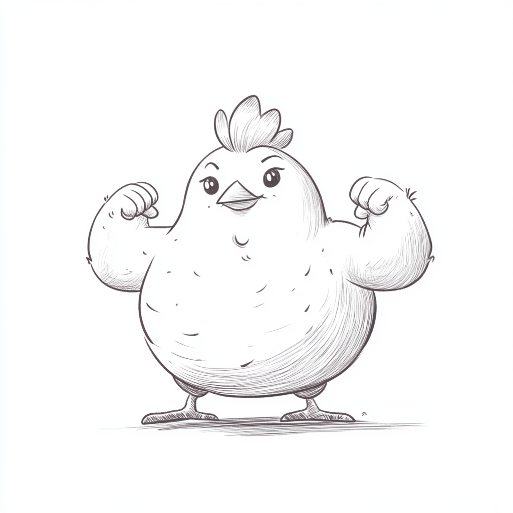 A Strong, Muscled Chicken in Old Cartoon Style