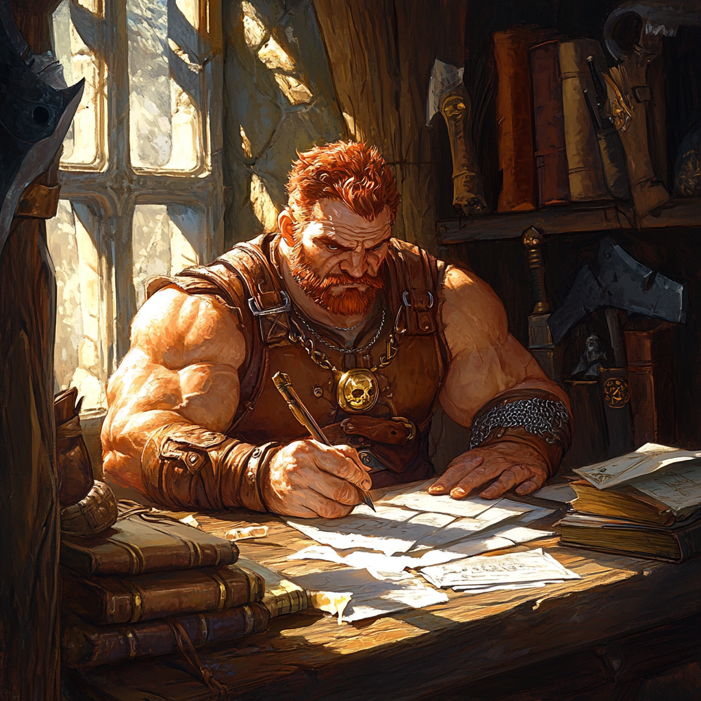 A Strong Man Writes with Quill at Desk