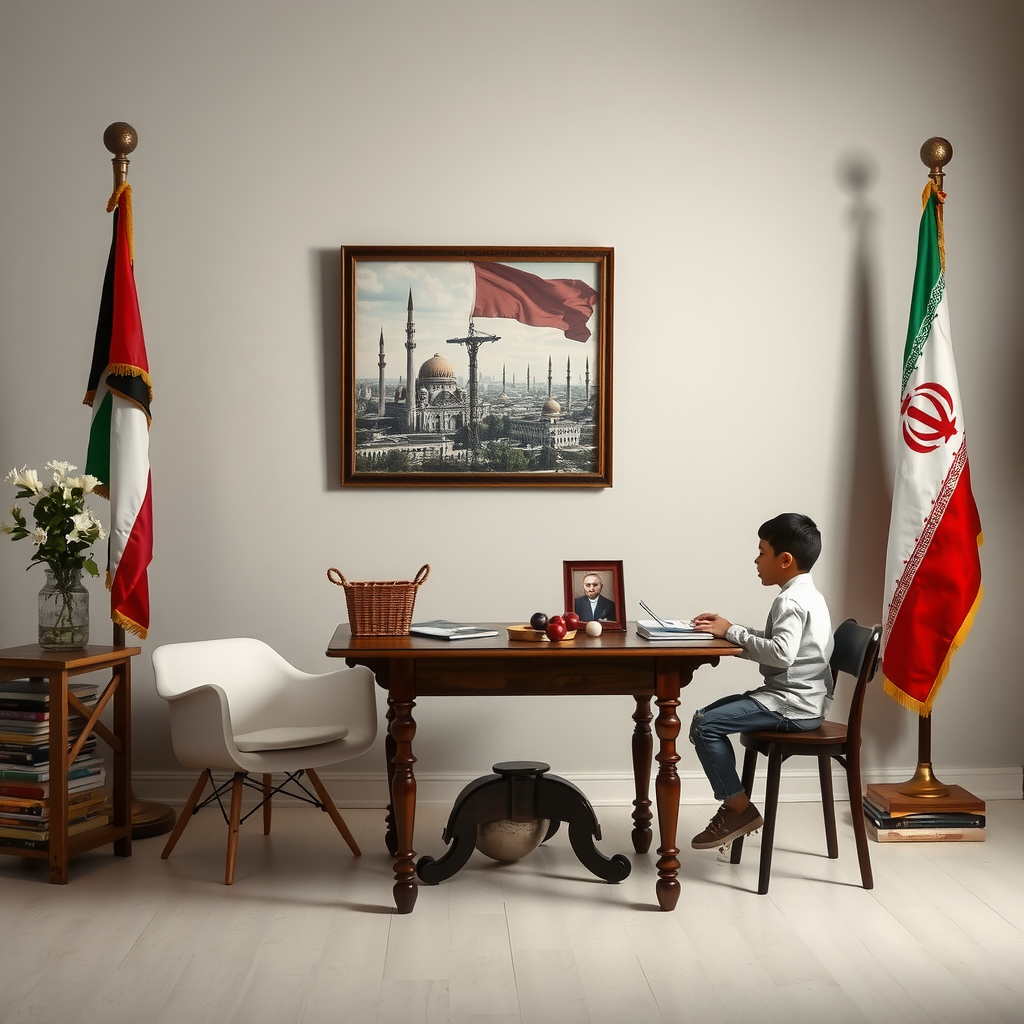 A Studio with a Table, Picture, Child, Flags