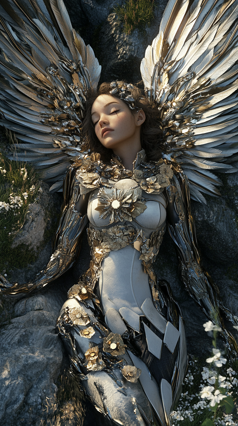 A Stunning Android Woman with Metallic Feathered Wings