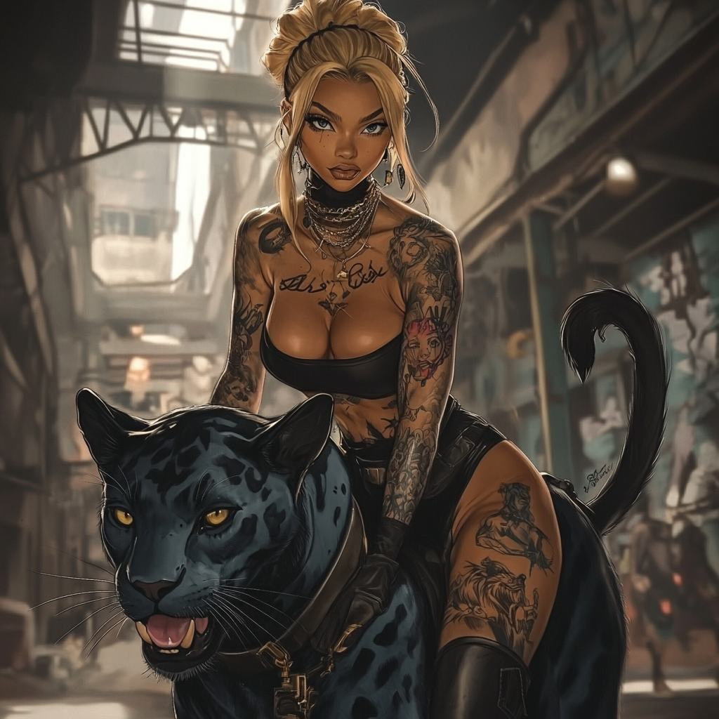 A Stunning Anime Woman with Tattoos Riding Panther