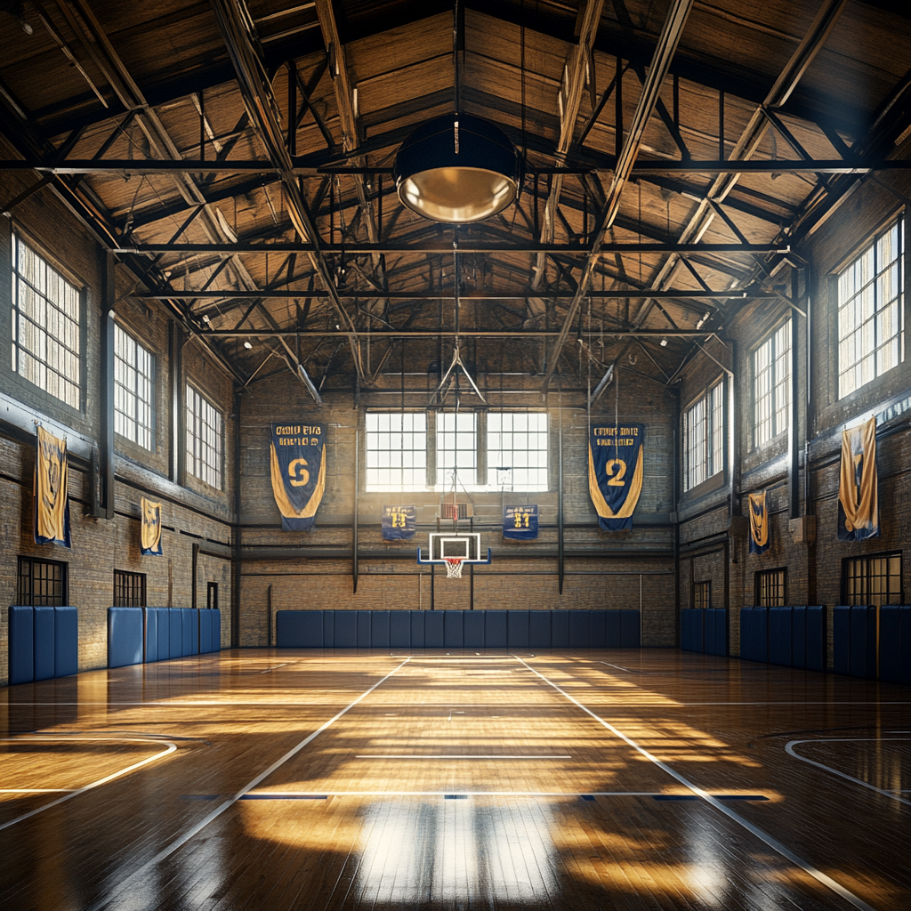 A Stunning Gymnasium with Basketball Hoops and Banners