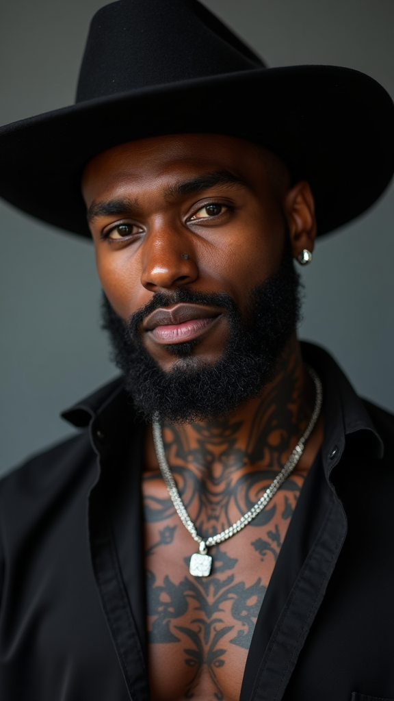 A Stylish Black Cowboy with Silver Jewelry