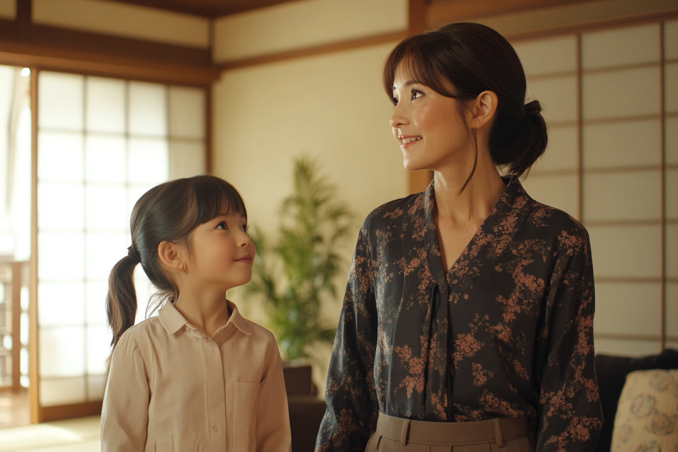 A Stylish Japanese Mother and Daughter in Elegant Living Room