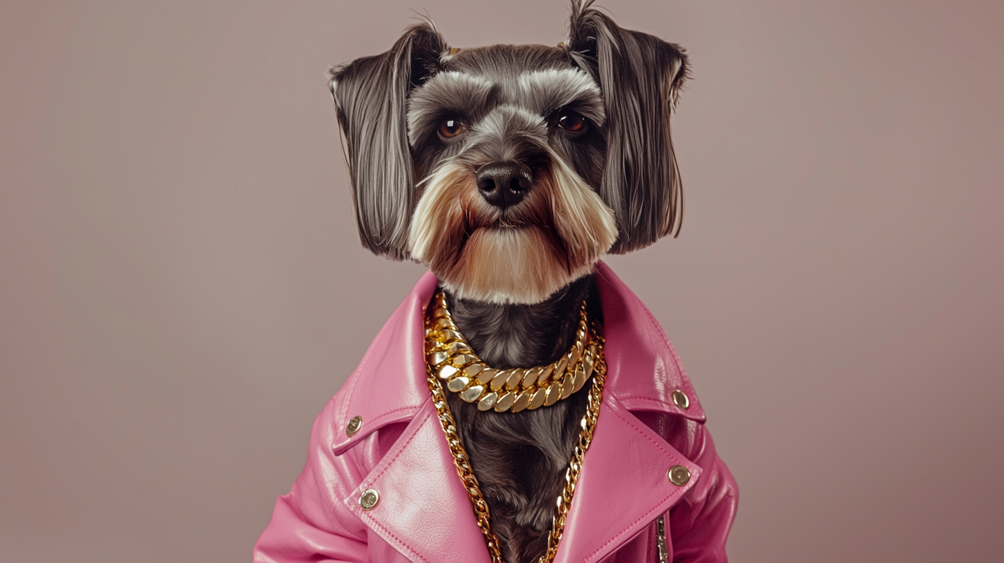 A Stylish Schnauzer in Pink Coat and Gold Necklace