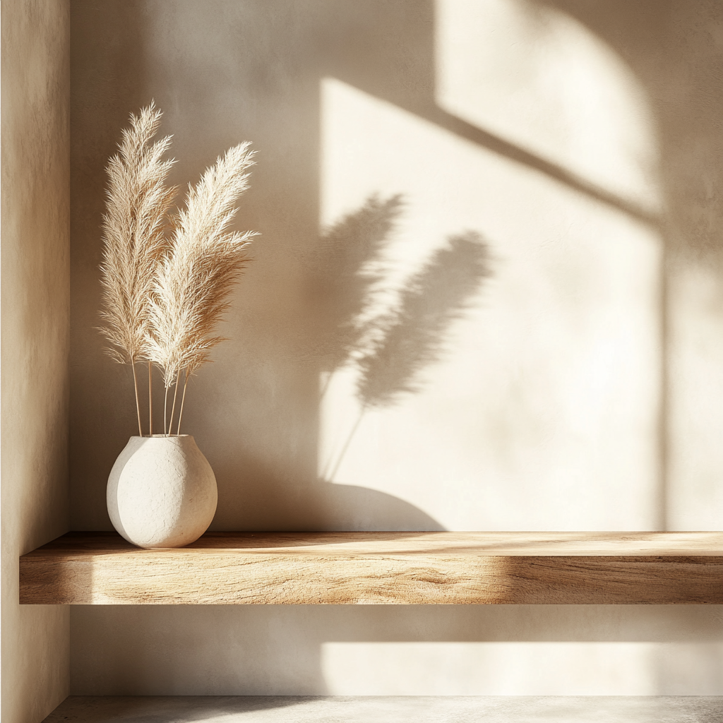 A Sunlit Entryway with Wooden Shelf and Vase