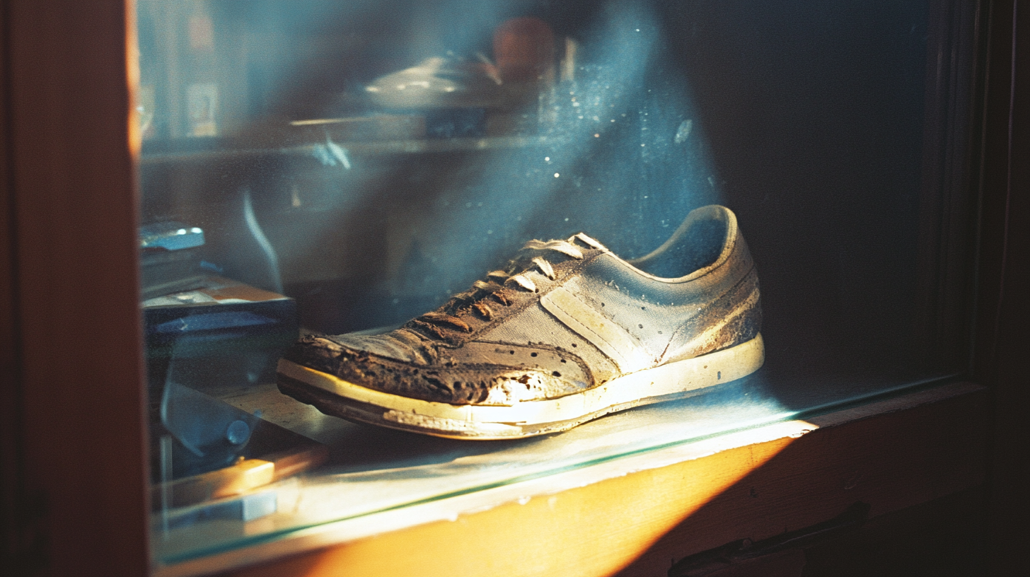 A Sunlit Old Shoe in Glass Display