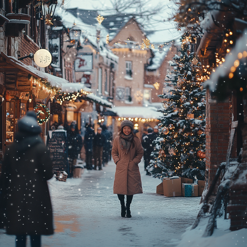 A Sunny Winter Evening in a Snowy Town