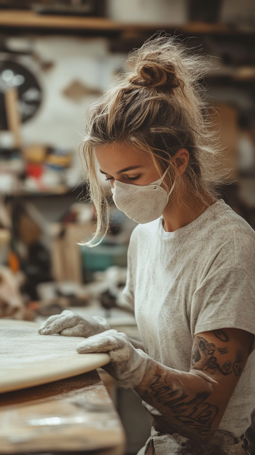 A Surfboard Shaper Sanding Custom Board in Workshop