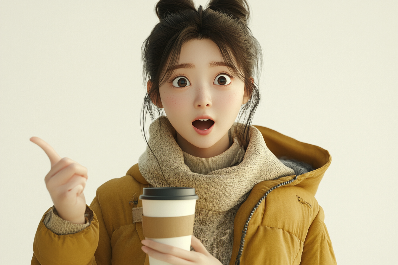 A Surprised Korean Woman Holding Coffee Cup Joyfully